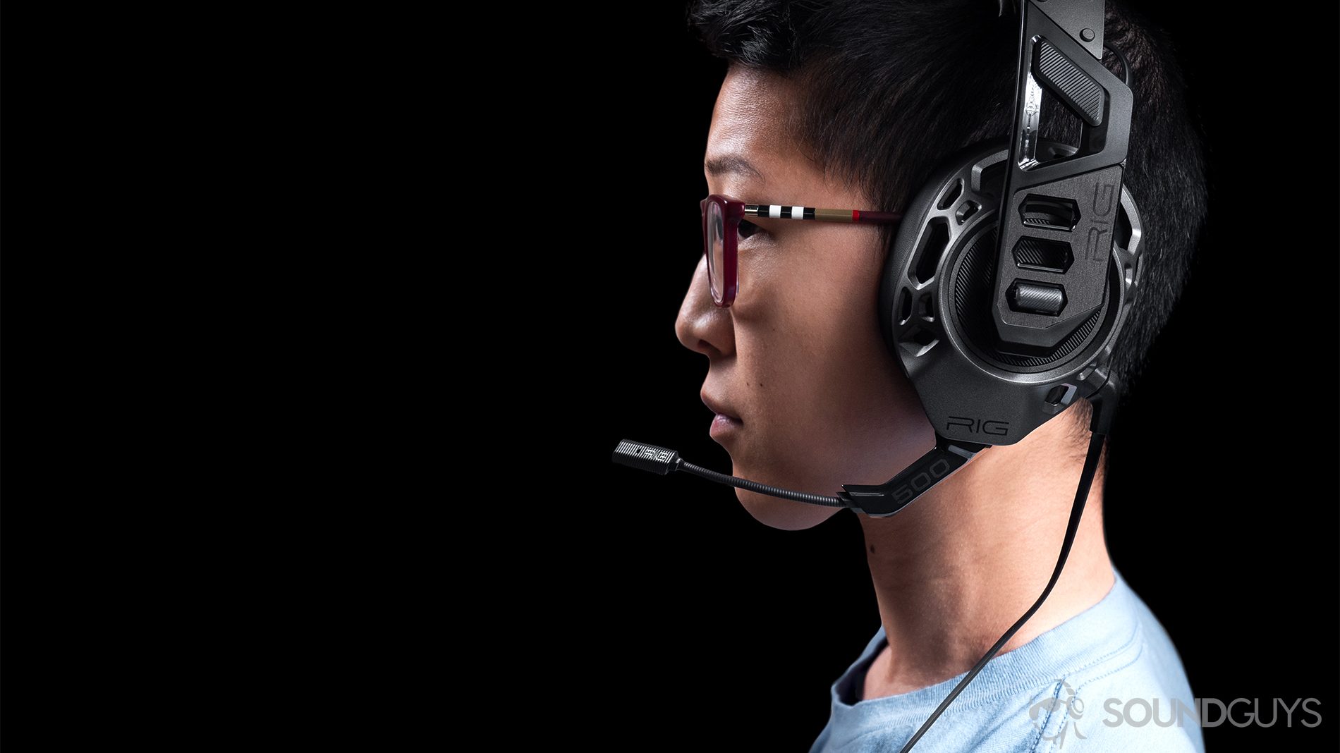 Plantronics_Rig 500 Pro-7 The profile of a woman wearing the headphones with the boom mic close to the lens.