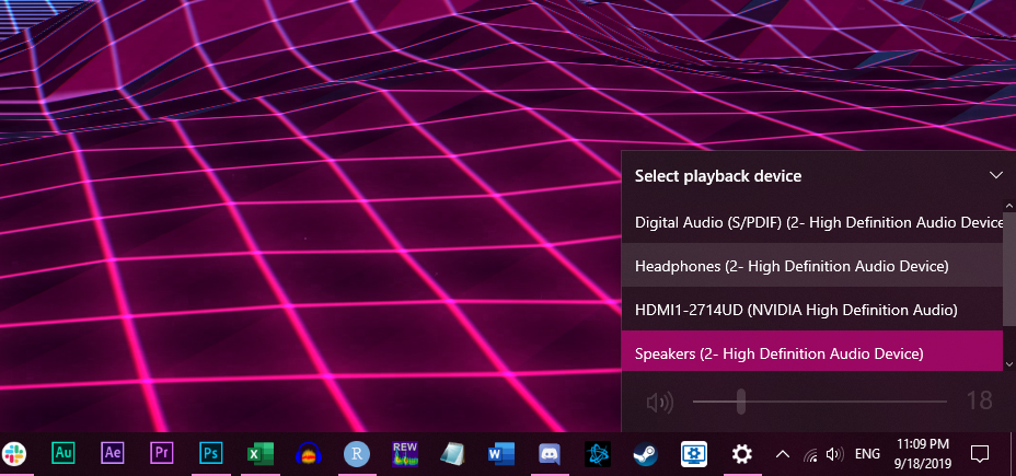 windows-menu-device-selection A screenshot of a computer running Windows, with the audio output menu unfurled.