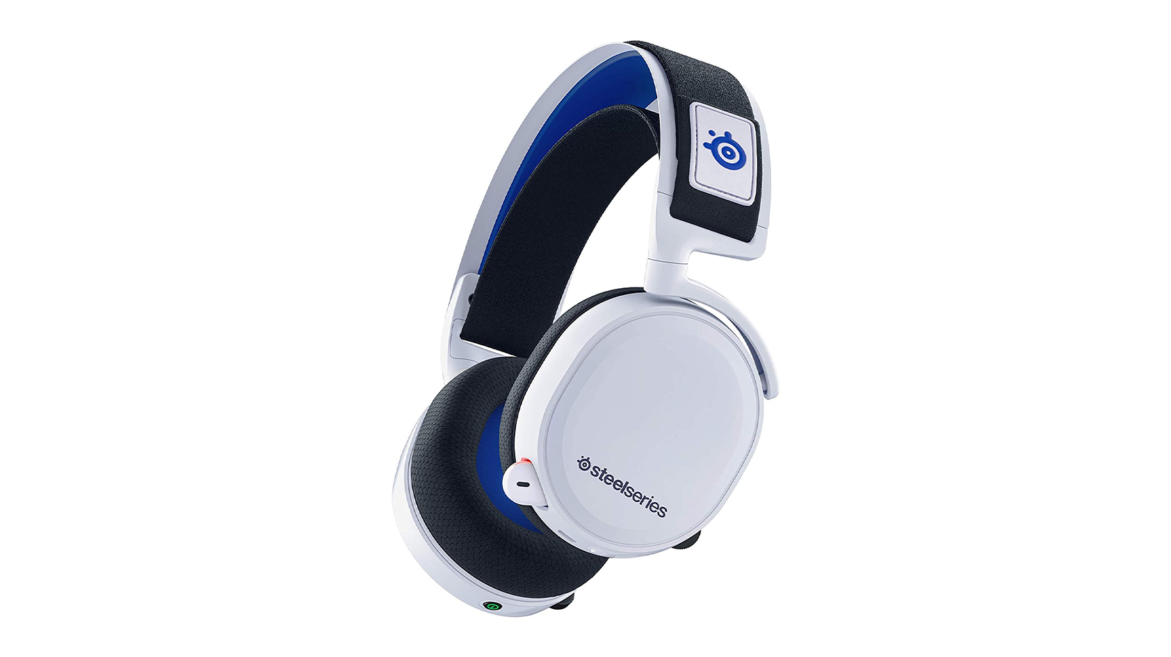 SteelSeries Arctis 7P product image format The SteelSeries Arctis 7P in white with blue accents against a white background.
