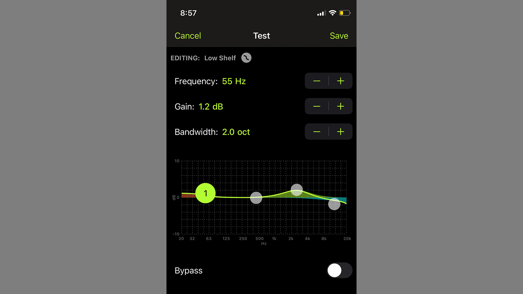 ShurePlus PLAY EQ mobile app shure aonic 50 The ShurePlus PLAY mobile app's custom EQ module open for the Shure AONIC 50.