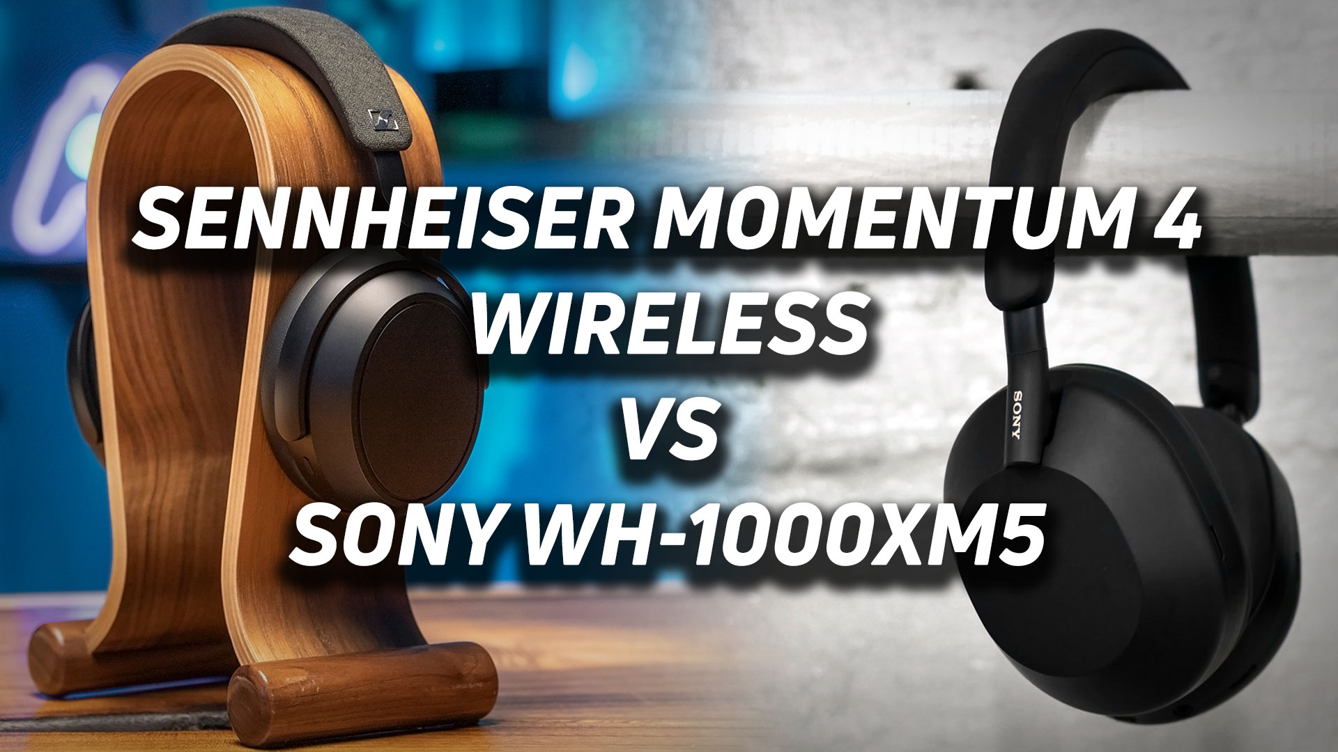Sennheiser MOMENTUM 4 Wireless vs Sony WH-1000XM5 hero A blended image of the Sennheiser MOMENTUM 4 Wireless and Sony WH-1000XM5 noise canceling headphones with versus text overlaid.
