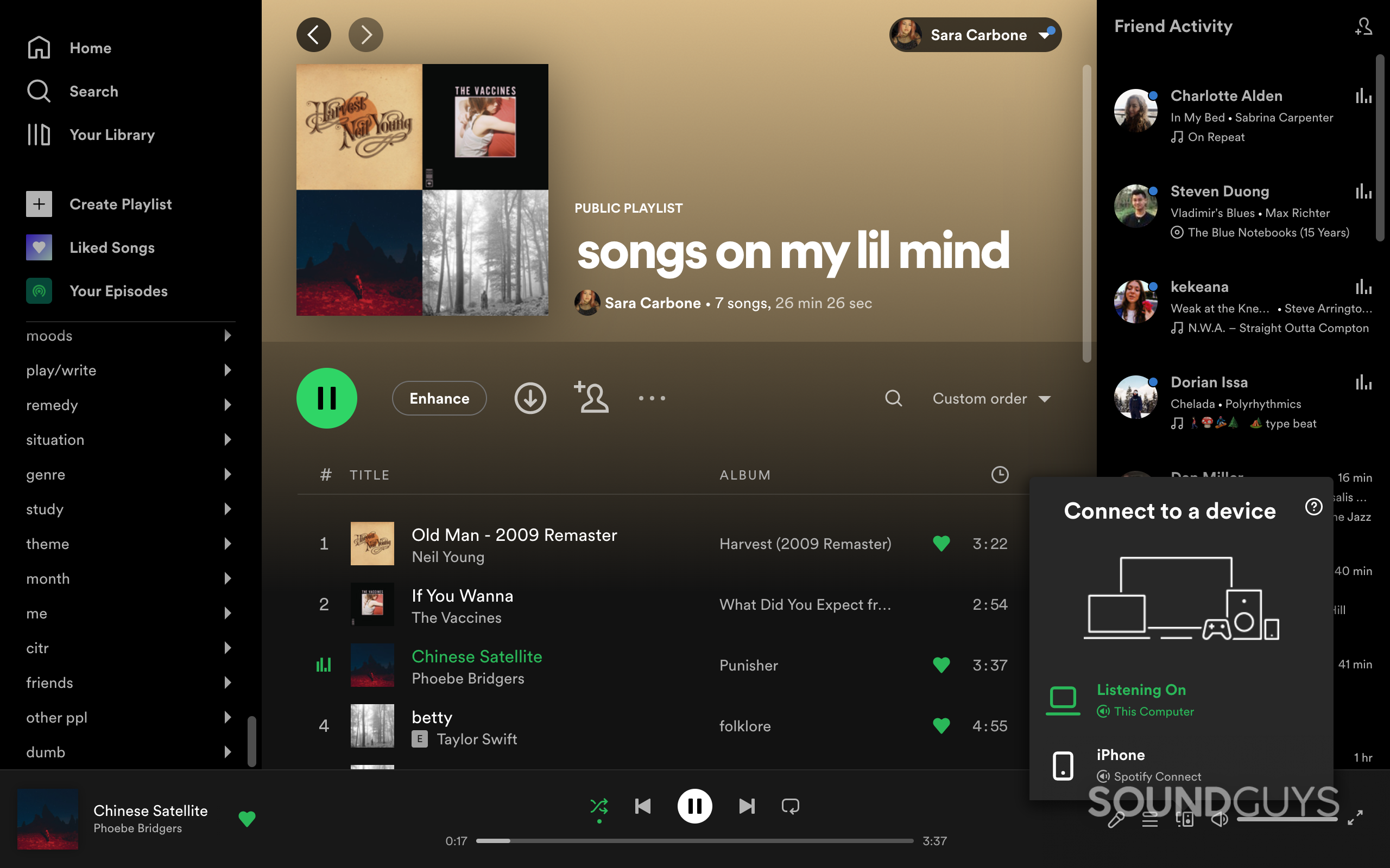 Spotify-desktop-screenshot-devices Spotify desktop interface showing a playlist and the "Connect to a device" window.