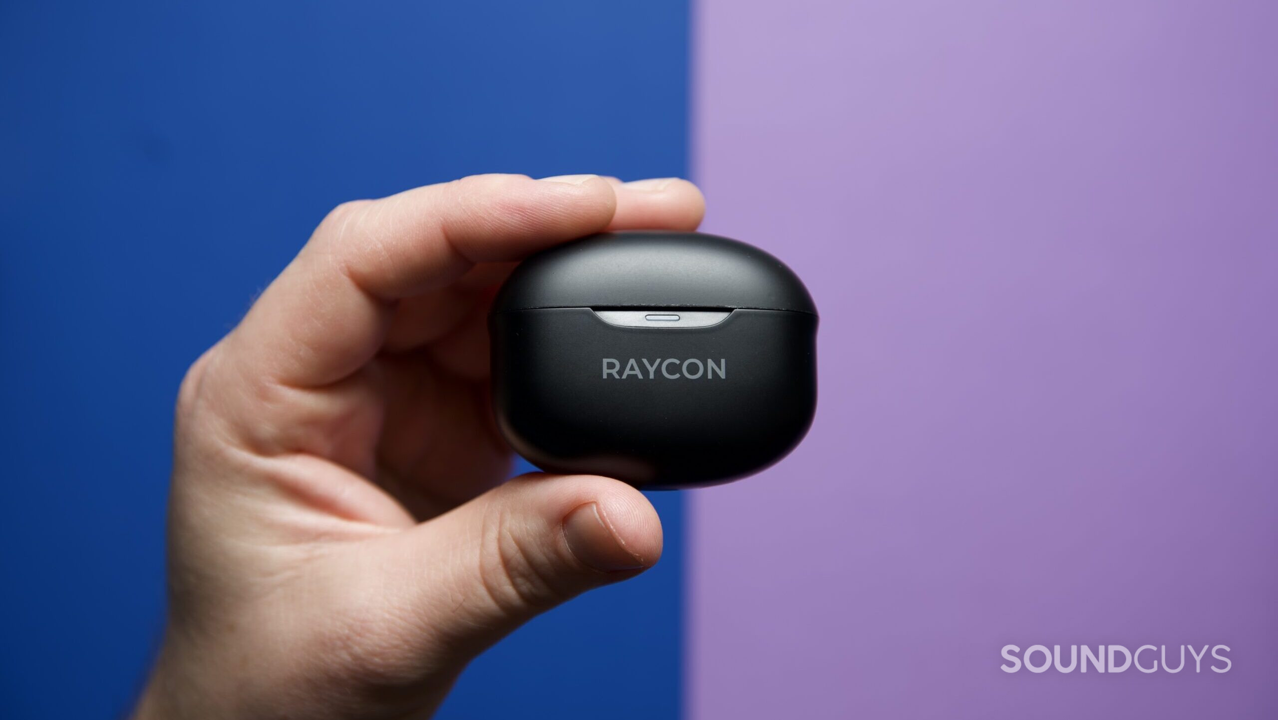 Raycon Everyday Earbuds Cased Closed A hand holding a closed Raycon Everyday Earbuds charging case.