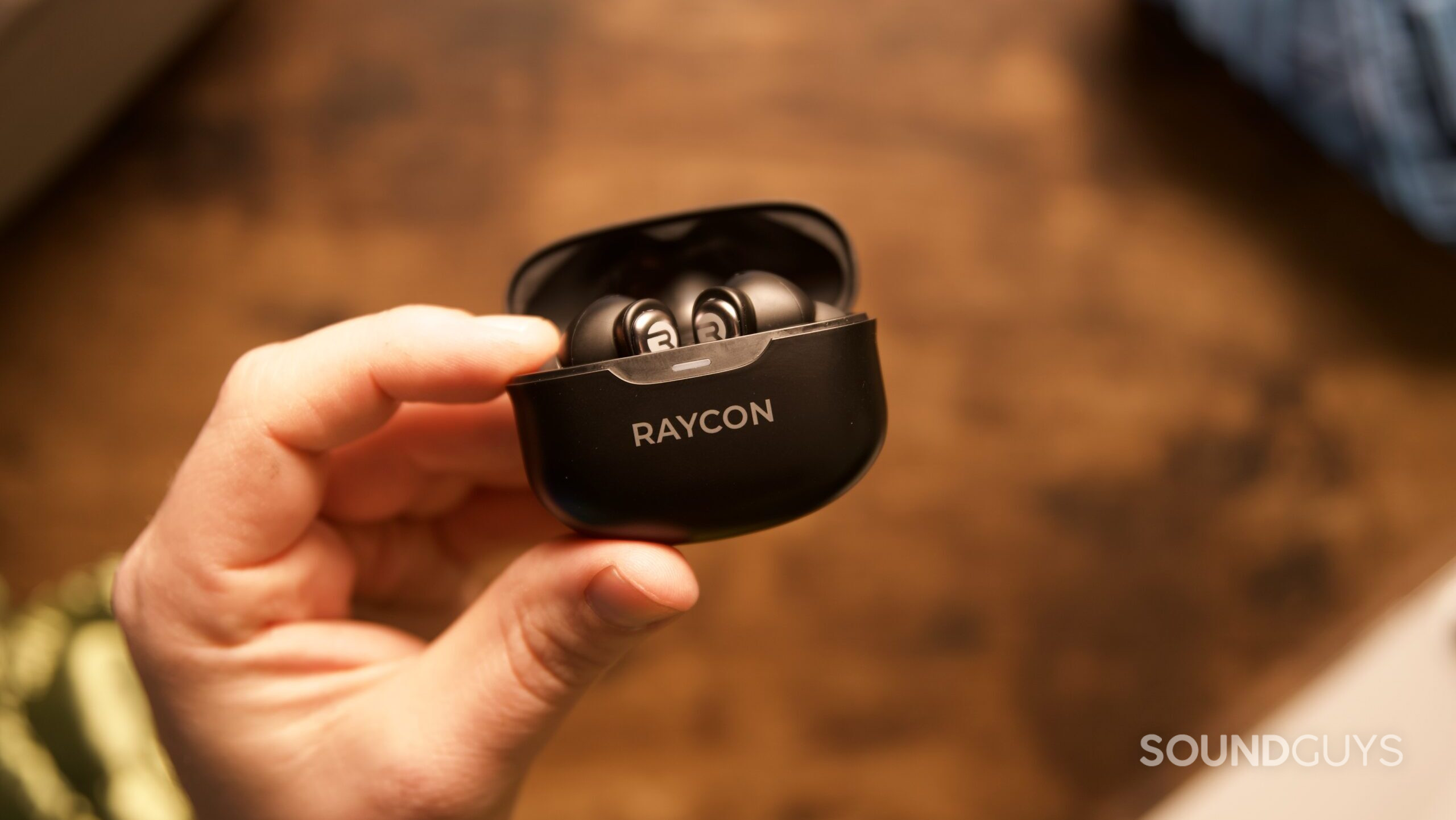 Raycon Everyday Earbuds Pro Hero option A hand holding an open Raycon Everday Earbuds Pro charging case with earbuds inside